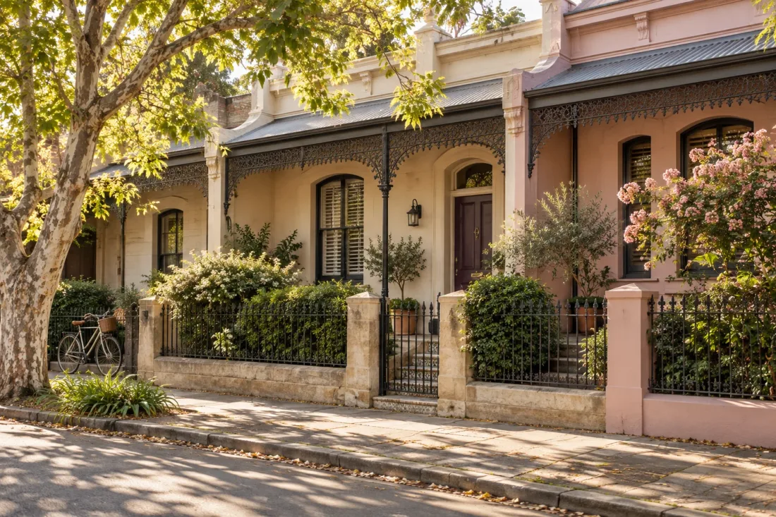 Leafy terraces and a sunlit front garden in an illustrative neighbourhood scene